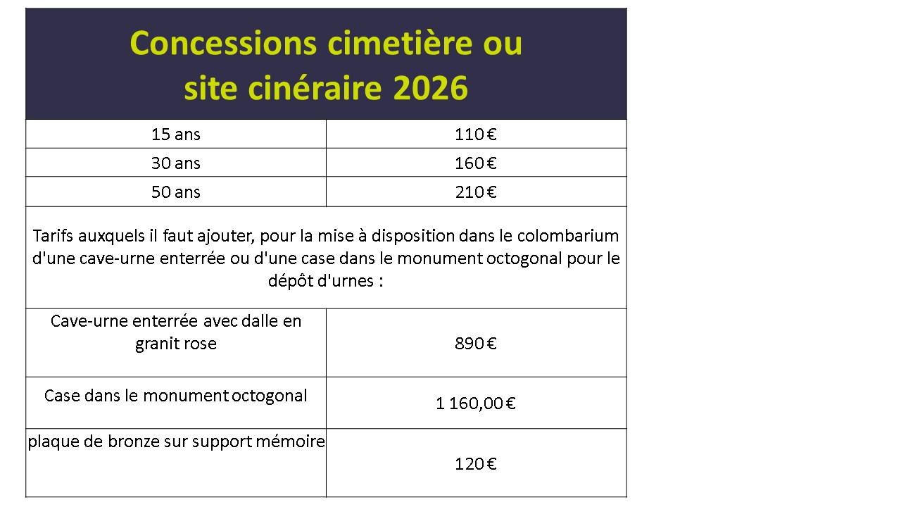 Tarifs cimetière 2026